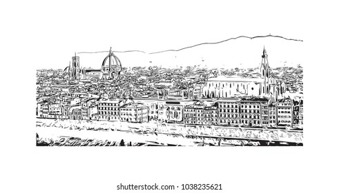 Historic building view and skyline of Florence City in Italy. Hand drawn sketch illustration in vector.