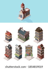 Historic buildings. Old vintage 3d houses and retro construction objects vector isometric collection