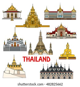 Historic buildings of Thailand. Vector detailed icons of Thai palaces, buddha temples, pagodas. Ratchanadda, Benchamabophit, Arun, Saket, Laem Sor, Traimit, sattahip elements for souvenirs, postcards