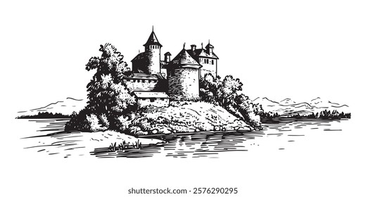 historic castle on an island with lake and trees hand-drawn black and white illustration