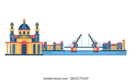 Historic cathedral with a large dome stands beside a river where a mechanical drawbridge divides the town into two distinct parts.