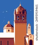Historic catholic cathedral with bell tower. Handmade drawing vector illustration. Retro style pop art Peru Cusco travel poster.