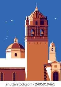 Historic catholic cathedral with bell tower. Handmade drawing vector illustration. Retro style pop art Peru Cusco travel poster.