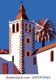 Historic church, bell tower and palm in the background. Handmade drawing vector illustration. Fuerteventura Canary Islands travel poster.