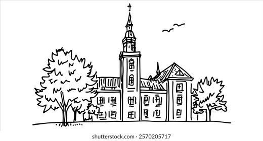 historic church building with spire and trees hand-drawn illustration