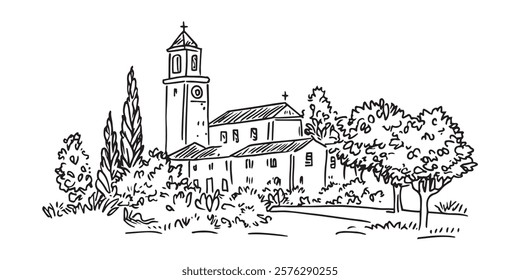 historic church surrounded by trees hand-drawn line art illustration