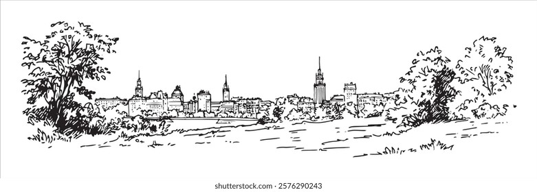 historic city skyline with park and trees hand-drawn black ink illustration