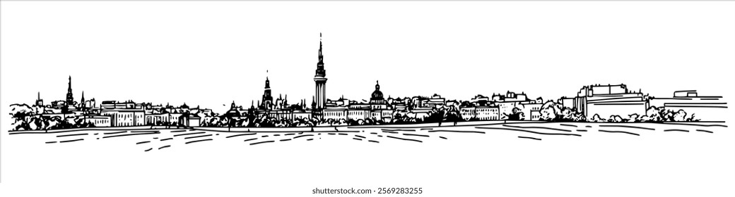 historic city skyline with towers and spires, hand drawn sketch