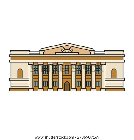 Historic classical building with columns and symmetrical facade. Flat design with bold outline. Vector illustration. Object isolated on white background.