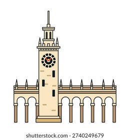 Historic clock tower with arched gallery and spire. Vector illustration. Object isolated on white background.