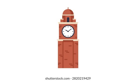 Historic clock tower made of red brick with dark clock face standing tall in an urban setting with blue sky background