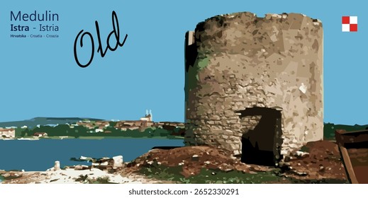 Historic coastal view of Medulin, Istria, Croatia, featuring twin-towered church of St. Agnes, old stone tower, and waterfront. Captures charm of a former fishing village and cultural heritage.
