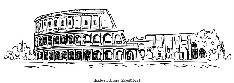 historic colosseum in Rome, hand drawing doodle hatching vector sketch