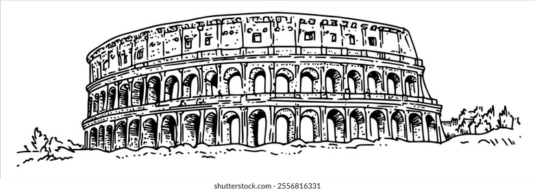 historic colosseum in Rome, hand drawing doodle hatching vector sketch