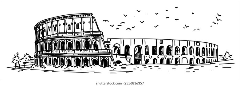 historic colosseum in Rome, hand drawing doodle hatching vector sketch