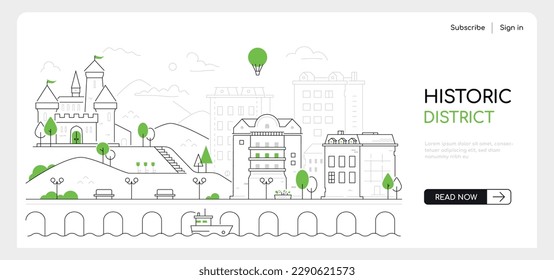 Historic district - modern thin line design style vector banner on white urban background. Composition with medieval castle, embankment and part of the old town. Tourist place and architecture idea