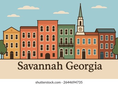 O bairro histórico de Savannah, na Geórgia, com suas encantadoras ruas antigas e edifícios coloniais, brilhando sob o pôr do sol da noite, oferece um passeio tranquilo pela história.