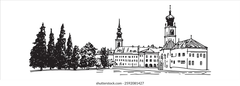 historic european monastery with church towers and trees in sketch style