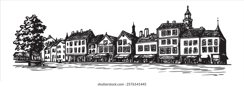 historic european town square with old buildings in black and white style