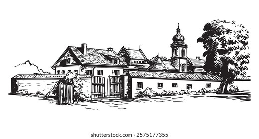 historic european village with church and traditional buildings in black and white