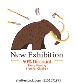 Historic exhibition in museum presenting extinct animals from prehistoric period, mammoth with tusks and instruments. Museum entry with ticket bought on 50 percent reduction, vector in flat style