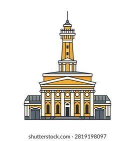 Historic fire tower isolated on white background. Vector illustration. Classical civic building with observation tower and symmetrical architecture.