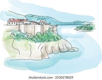 Historic fortress Lovrijenac perched on top rocky cliffs by the shore of the Adriatic sea, Dubrovnik, Croatia - vector illustration