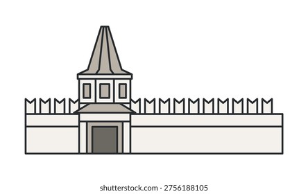 Historic fortress wall with gate tower and defensive battlements isolated on white background. Medieval architecture. Vector illustration.