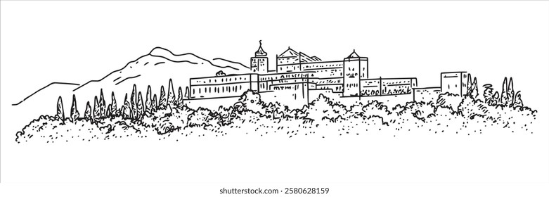 historic hilltop palace with cypress trees and mountain backdrop, hand-drawn vector artwork