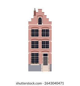 Casa histórica em estilo inglês. Antiga fachada de construção britânica com telhado de vidro, janelas, porta da frente e varanda. Exterior europeu, arquitetura britânica. Ilustração de vetor plano isolada no plano de fundo branco