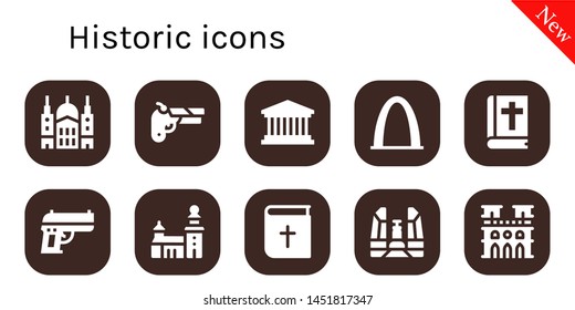 historic icon set. 10 filled historic icons.  Simple modern icons about  - Saint paul, Gun, Pantheon, Gateway arch, Bible, Stockholm, Democracy monument, Notre dame