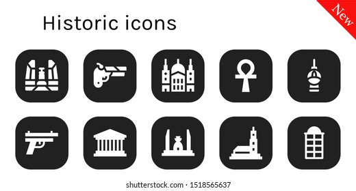 historic icon set. 10 filled historic icons.  Simple modern icons about  - Democracy monument, Gun, Saint paul, Pantheon, Hassan mosque, Phone booth