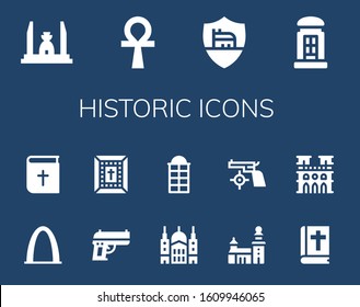 historic icon set. 14 filled historic icons.  Simple modern icons such as: Democracy monument, Ankh, Roma, Telephone booth, Gateway arch, Bible, Gun, Saint paul, Phone booth, Stockholm