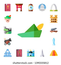 historic icon set. 17 flat historic icons.  Simple modern icons about  - bible, robin hood, great wall of china, cannon, notre dame, venus de milo, capitol, torii gate, big ben