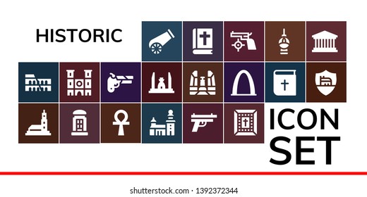 historic icon set. 19 filled historic icons.  Collection Of - Cannon, Colosseum, Hassan mosque, Telephone booth, Ankh, Stockholm, Gun, Bible, Notre dame, Democracy monument, Gateway arch