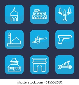 Historic icon. set of 9 outline historic icons such as mosque, Coliseum, Arc de Triomphe, temple, candlestick, catapult, cannon