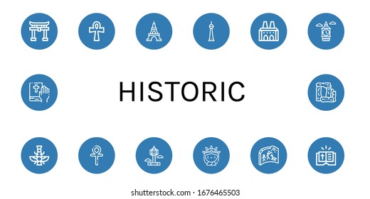 historic icon set. Collection of Shinto, Ankh, Eiffel tower, Berlin, National palace of sintra, Big ben, Faravahar, Park tower, Statue of liberty, Cave painting, Bible, Stonehenge icons