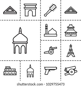 Historic icons. set of 13 editable outline historic icons such as mosque, coliseum, arc, temple, eiffel tower, cannon