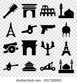 Historic icons. set of 16 editable filled historic icons such as mosque, coliseum, arc de triomphe, eiffel tower, candlestick, catapult, mace, cannon, gun