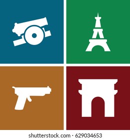Historic icons set. set of 4 historic filled icons such as Arc de Triomphe, Eiffel Tower, cannon