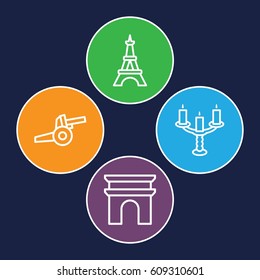 Historic icons set. set of 4 historic outline icons such as Arc de Triomphe, Eiffel Tower, candlestick