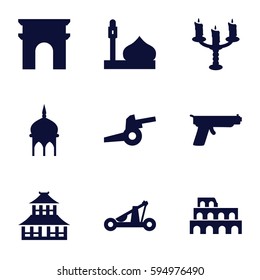 historic icons set. Set of 9 historic filled icons such as mosque, Coliseum, Arc de Triomphe, temple, candlestick, catapult, cannon