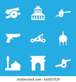 Historic icons set. set of 9 historic filled icons such as mosque, Arc de Triomphe, temple, catapult, cannon
