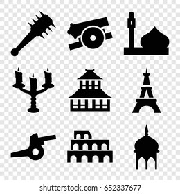 Historic icons set. set of 9 historic filled icons such as mosque, coliseum, temple, eiffel tower, candlestick, mace
