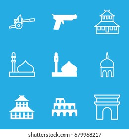 Historic icons set. set of 9 historic filled and outline icons such as mosque, coliseum, temple, gun, arc de triomphe