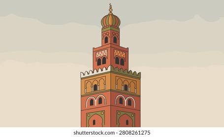 Historic Islamic minaret tower built with orange bricks and detailed arches under a soft cloudy background.
