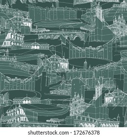 Historic Italian Architecture Collage is seamless pattern with sketch drawings of monuments. Illustration is in eps8 vector mode.