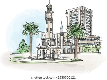 A histórica Torre do Relógio de Izmir na Praça Konak, Izmir, Turquia - ilustração vetorial