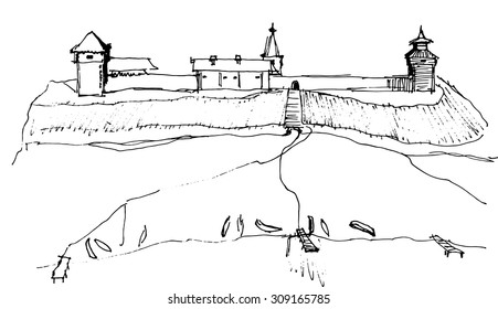 Historic landscape with a fortress and boats on the shore. Hang line drawing