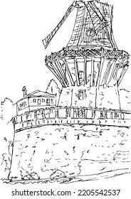 Historic Mill of Sanssouci, Potsdam, Germany. Ink drawing Dutch windmill